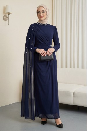 İnci Detaylı Tül Pelerinli Dik Yaka Abiye -Laci