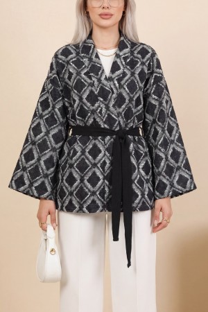 Beli Bağlamalı Kare Desen Saçaklı Kimono -K.Laci