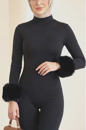 Fur Sleeve Half-Turtleneck Snap-On Bodysuit Blouse -Black