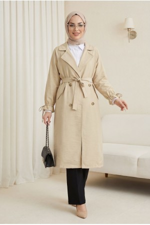 Kolu Manşeti Bağcıklı Kemerli Kap -Bej