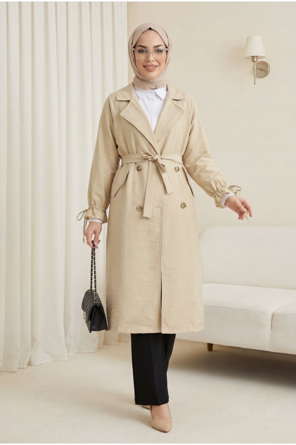 Belted Cape with Laced Cuff - Beige