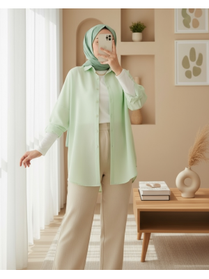 103901 Oversize Basic Tesettür Gömlek - E.Yeşil