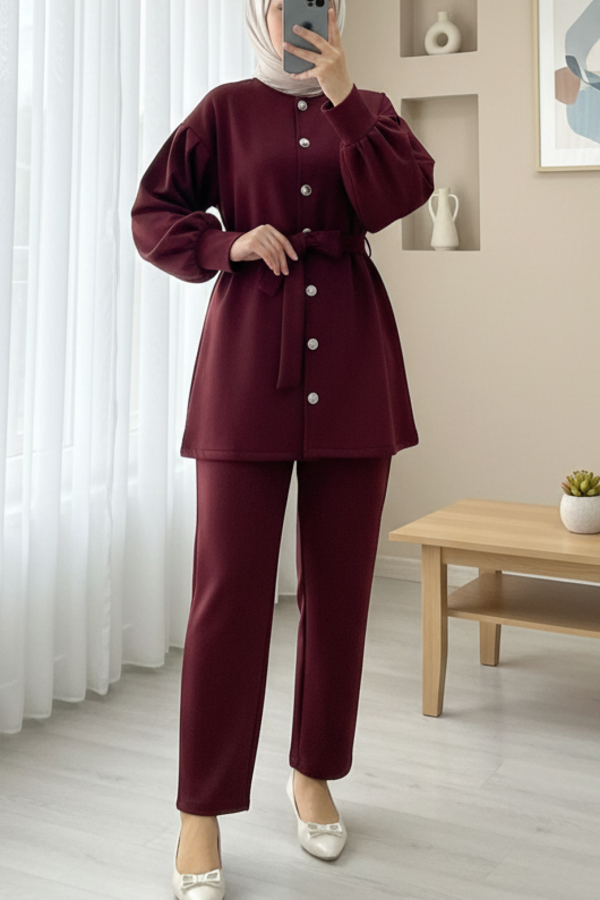 Scuba Suit with Belted Waist and Buttoned Front Trousers -Maroon