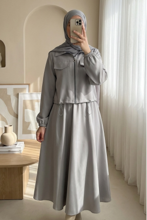 Önü Fermuarlı Beli Ve Kolu Lastikli Cep Detaylı Dabıl İkili Takım -Gri