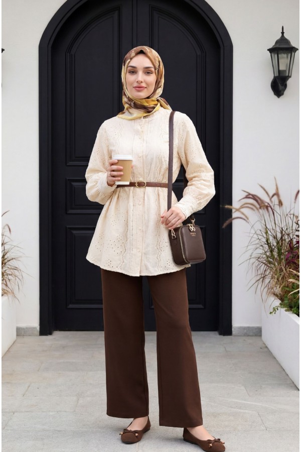 Lace Collar and Sleeve Button-down Lined Shirt - Beige