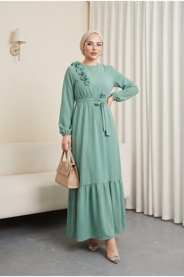 Ruffle Stone Detailed Piece Skirt Belted Ayrobin Dress -Cagla Green
