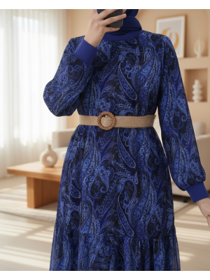 نمط العرقية تنورة قطعة اصطف فستان شيفون -كحلي