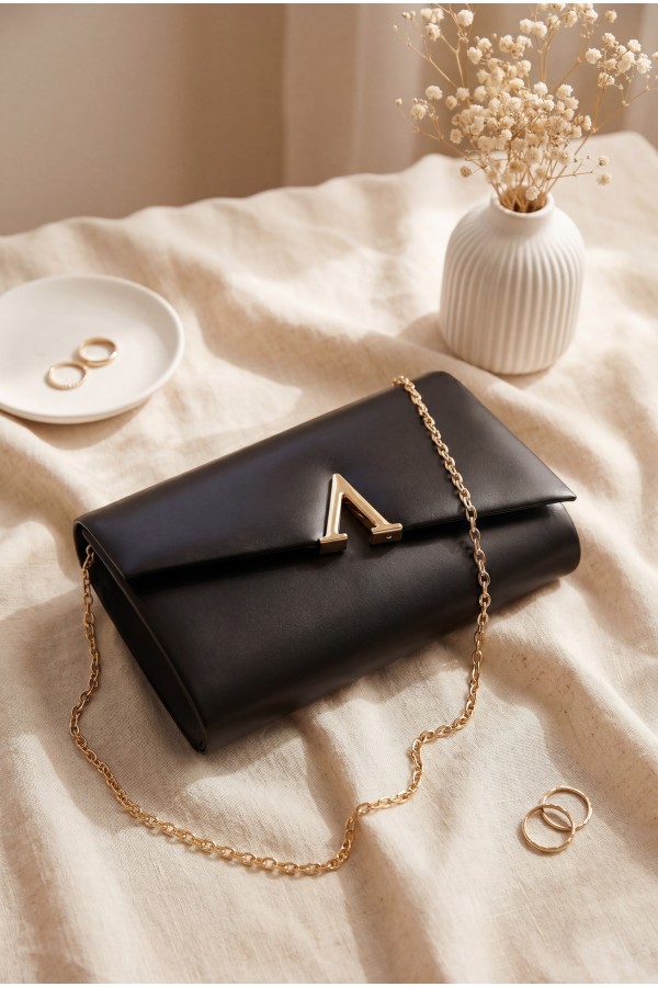 Patent Leather Evening Bag with Geometric Buckle and Thin Chain -Black