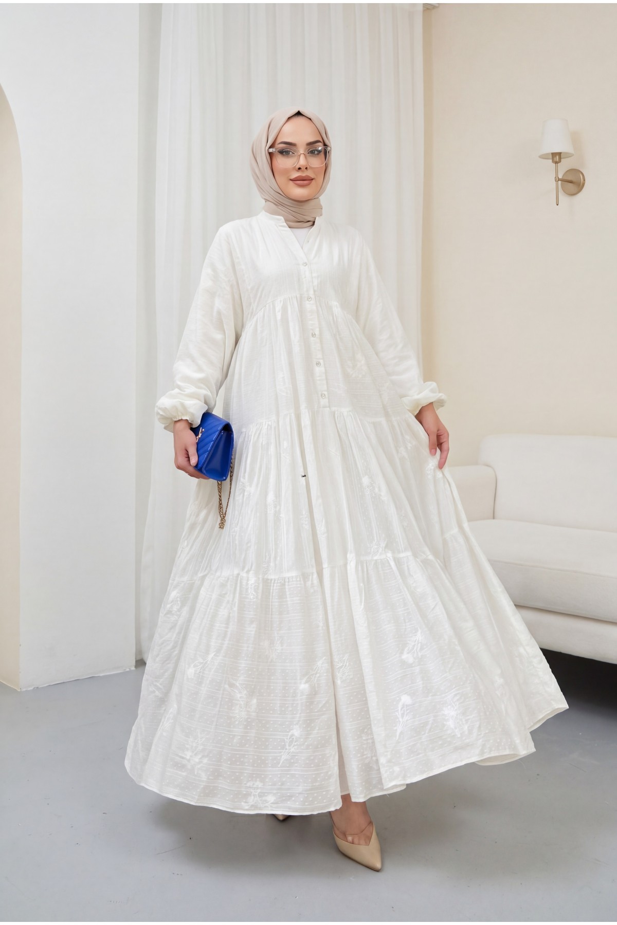 Button Detailed Dress -White