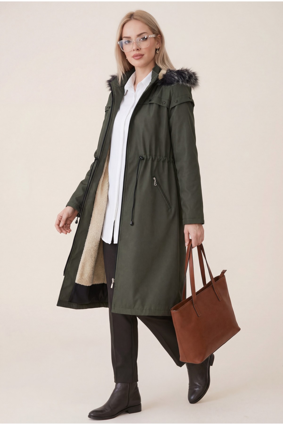 Hooded Star Metal Detailed Coat -Khaki
