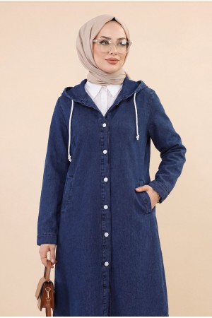 Kapşonlu Düğmeli Oval Kesim Kot Kap   -Laci