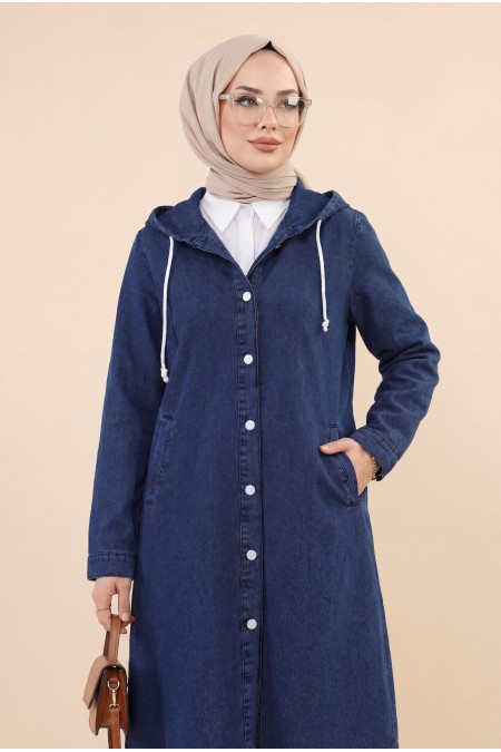 Kapşonlu Düğmeli Oval Kesim Kot Kap   -Laci