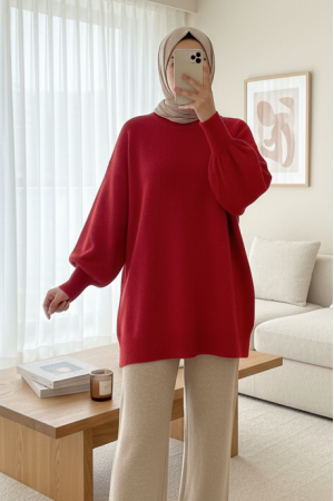 Round Neck Balloon Sleeve Casual Knitted Sweater  -Garnet Color
