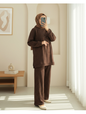 Serpme Taş Detaylı Pantolonlu Oysho Takım  -Kahve