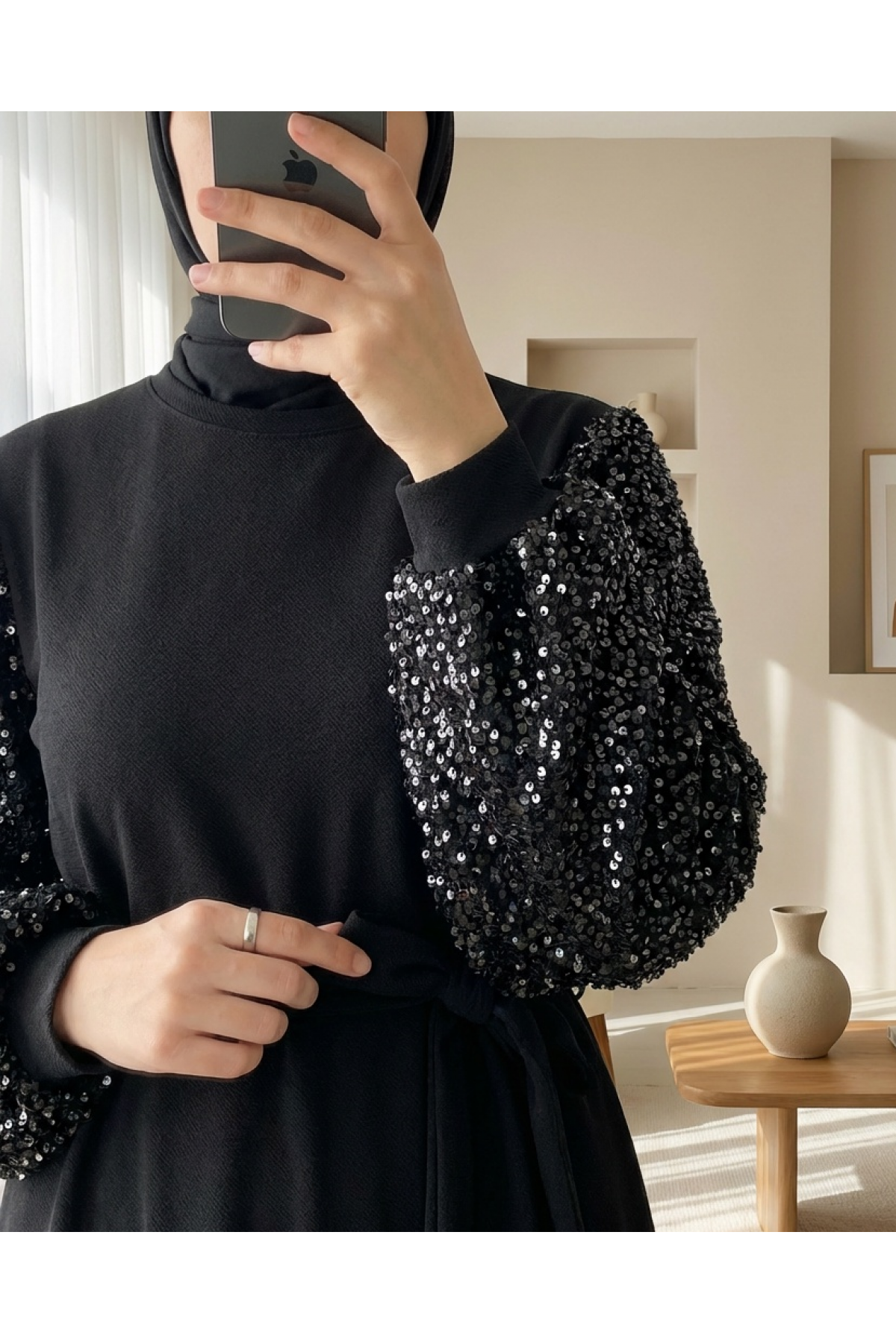 Imported Lycra Crepe Dress with Sequined Sleeves and Belt -Black
