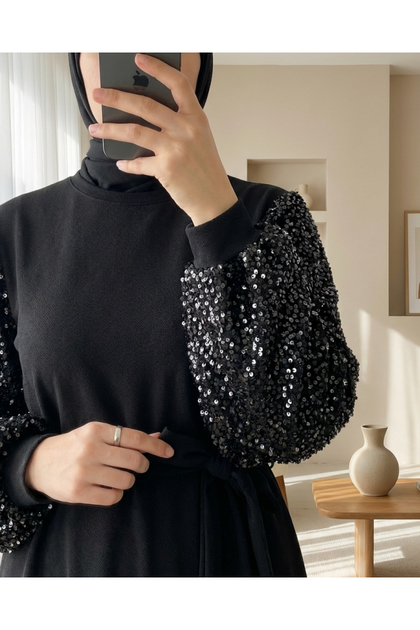 Imported Lycra Crepe Dress with Sequined Sleeves and Belt -Black