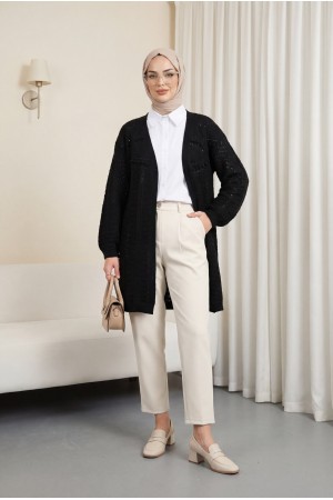 Ponponlu Karışık Desen Araboy Triko Hırka -Siyah