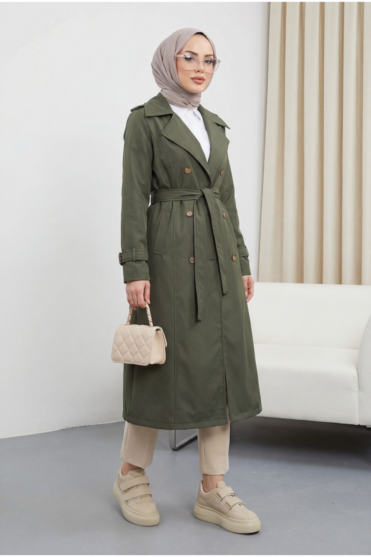 Lined Belt Trench Coat -Khaki