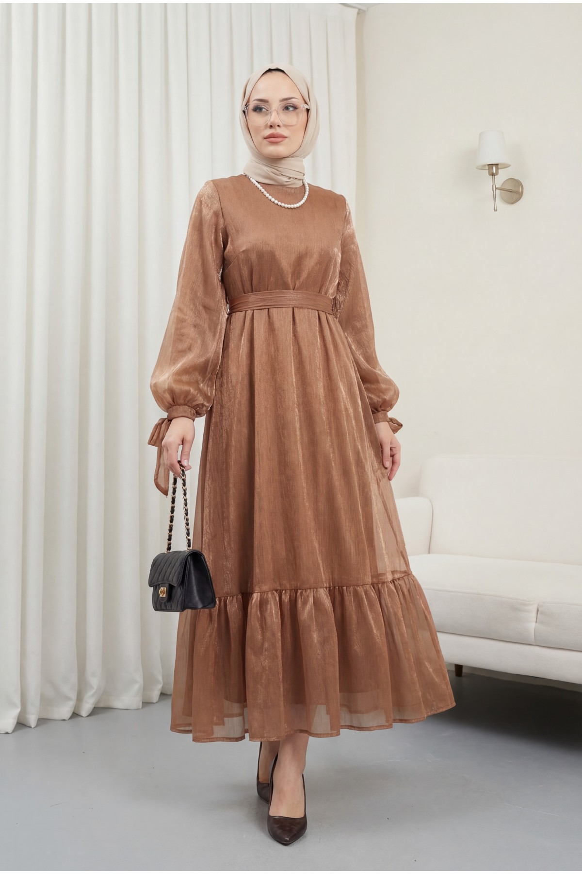 Janjan Dress with Lace Sleeves and Pieced Skirt   -Cinnamon