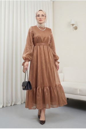 Kolu Bağcıklı Eteği Parçalı Janjan Elbise     -Tarçın