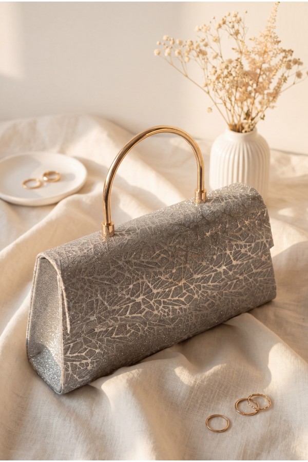 Metal Handle Chain Envelope Flap Patterned Glittery Evening Bag -Grey