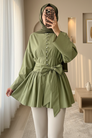 Beli Bağcıklı Boydan Taş Düğmeli Tunik -Çağla Y.