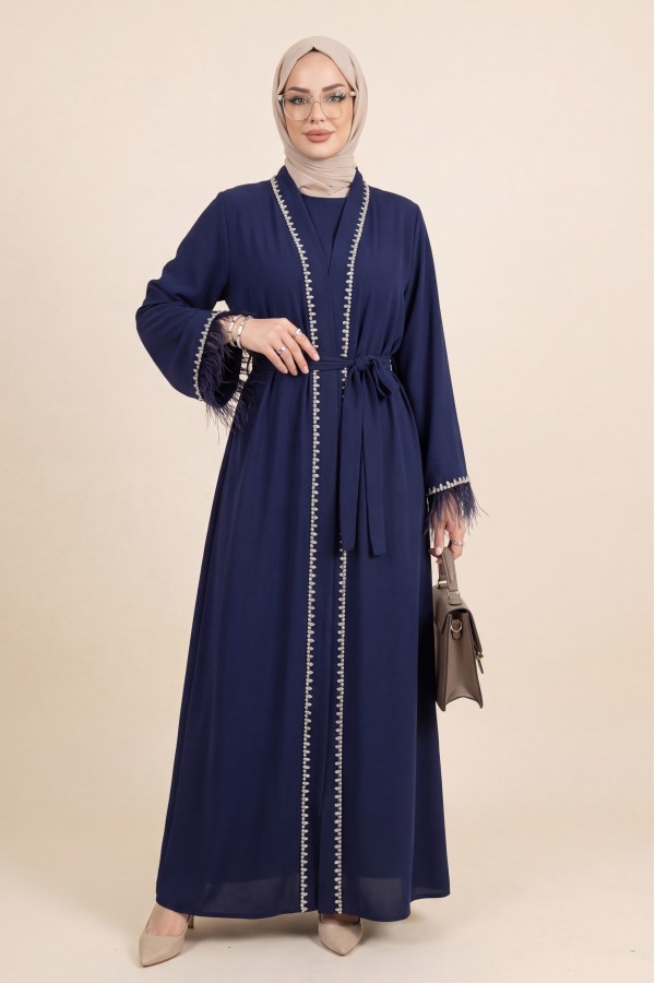Abaya with Feathered Sleeves and Row of Stone Details, and Belt  -Navy blue