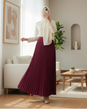 Taşlı Pliseli  Etek -Bordo