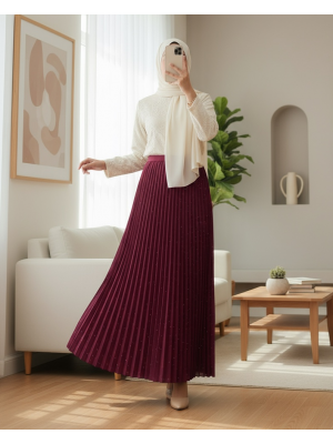 Taşlı Pliseli  Etek -Bordo