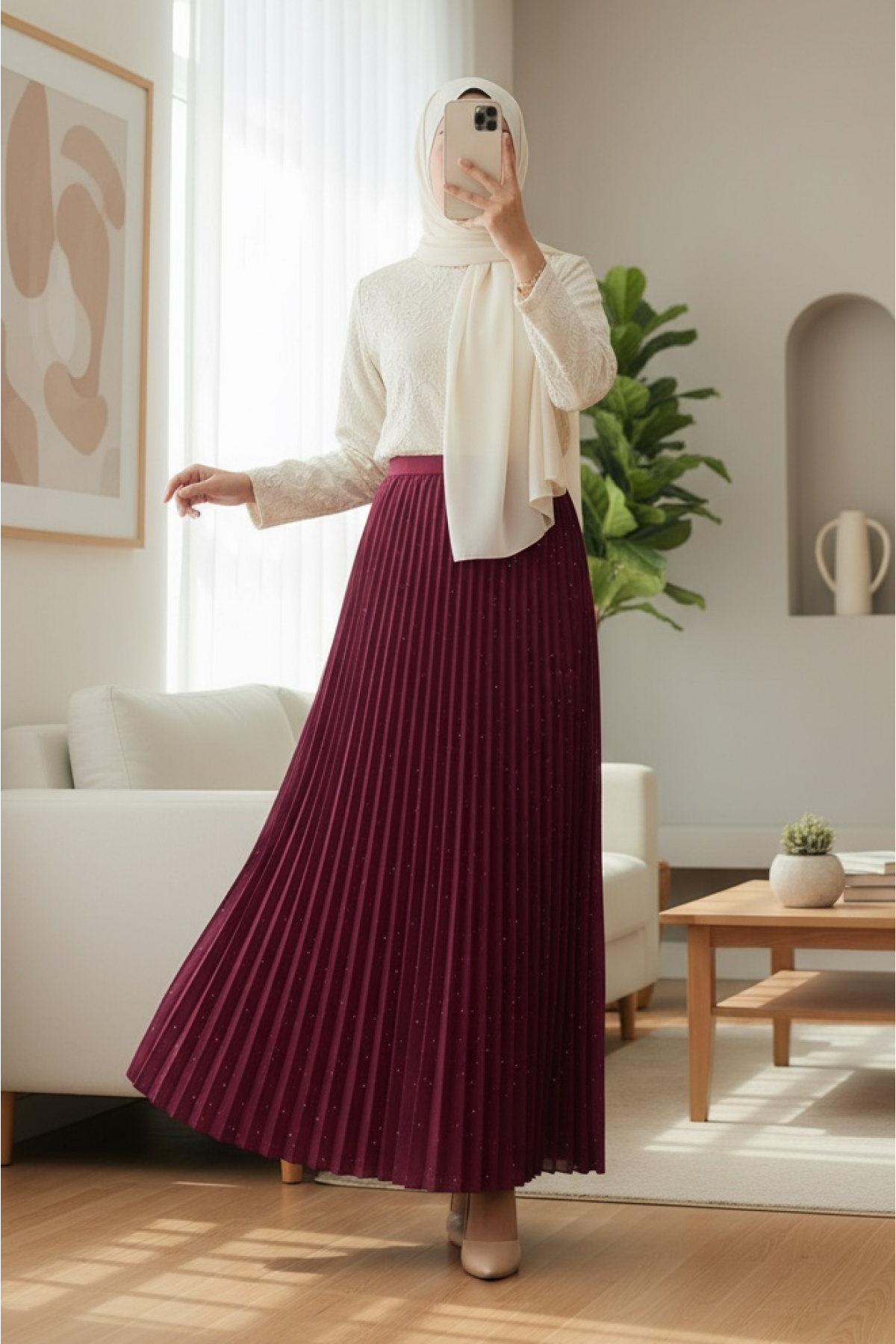 Taşlı Pliseli  Etek -Bordo