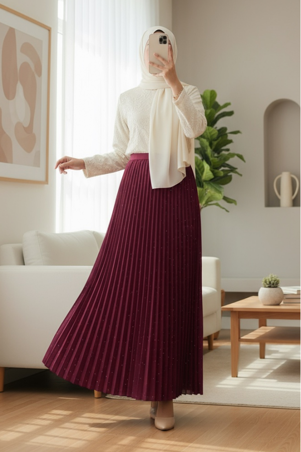 Taşlı Pliseli  Etek -Bordo