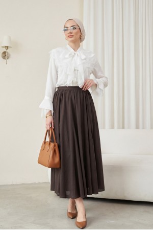 Yakası Bağcıklı Fırfırlı Dantel Detaylı Arkası Uzun Cupra Gömlek  -Beyaz