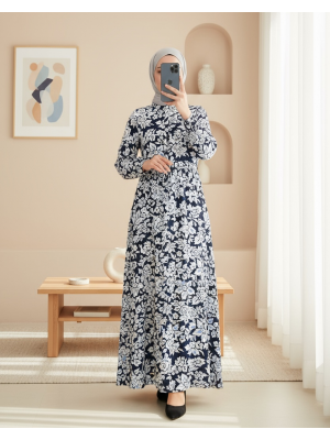 2144 Hakim Yaka Tesettür Elbise - Lacivert