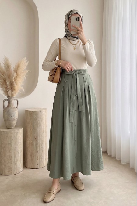 Önü Düğmeli Bağcıklı Paraşüt Etek -Haki