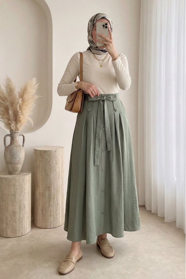 Button-front, lace-up parachute skirt -Khaki