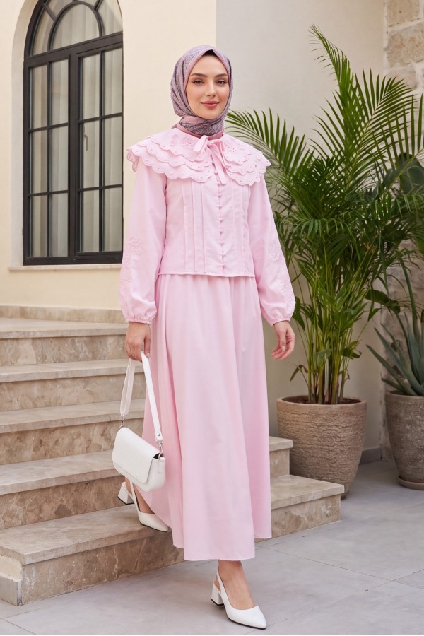 Geniş Yakalı Bağlamalı Kolu Lastikli Eteği Astarlı Poplin Takım  -Pembe