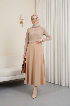 İthal Likralı Krep Kumaş Kiloş Çan Etek -Vizon