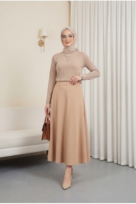 İthal Likralı Krep Kumaş Kiloş Çan Etek -Vizon