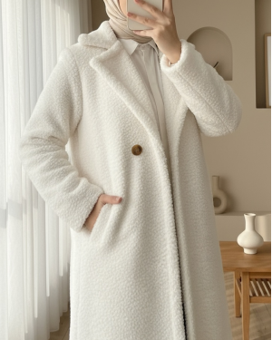 Double Buttoned Lined Plush Coat with Side Pockets -Ecru