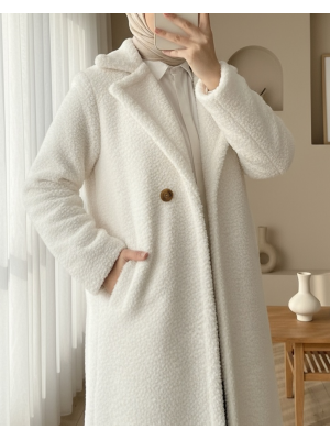 Çift Düğmeli Astarlı Yan Cepli Peluş Kaban -Ekru