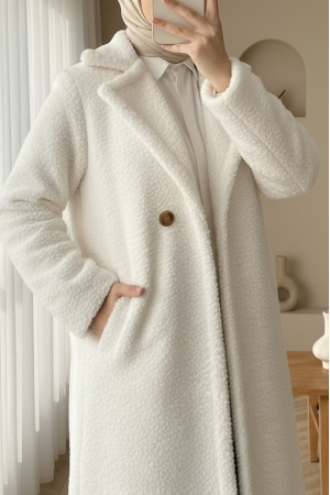 Çift Düğmeli Astarlı Yan Cepli Peluş Kaban -Ekru