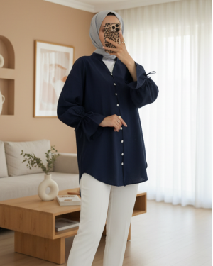 Long Sleeve Laced Back Buttoned Shirt -Navy blue