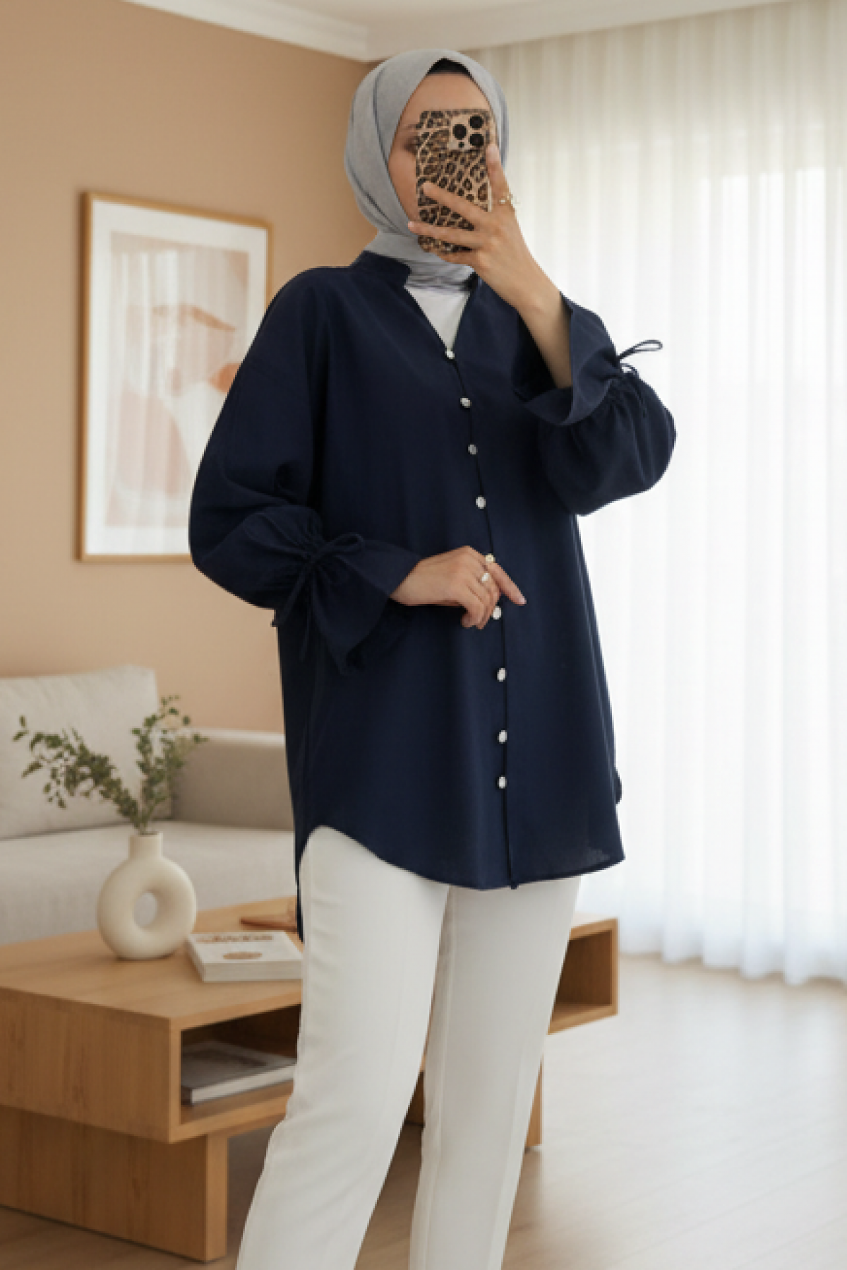 Long Sleeve Laced Back Buttoned Shirt -Navy blue