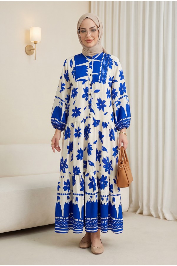 Half Buttoned Patterned Dress with Elastic Sleeves -Saxe 