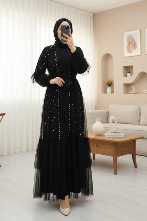 Belted Two-Piece Tulle Abaya Set with Stone and Pearl Details -Black