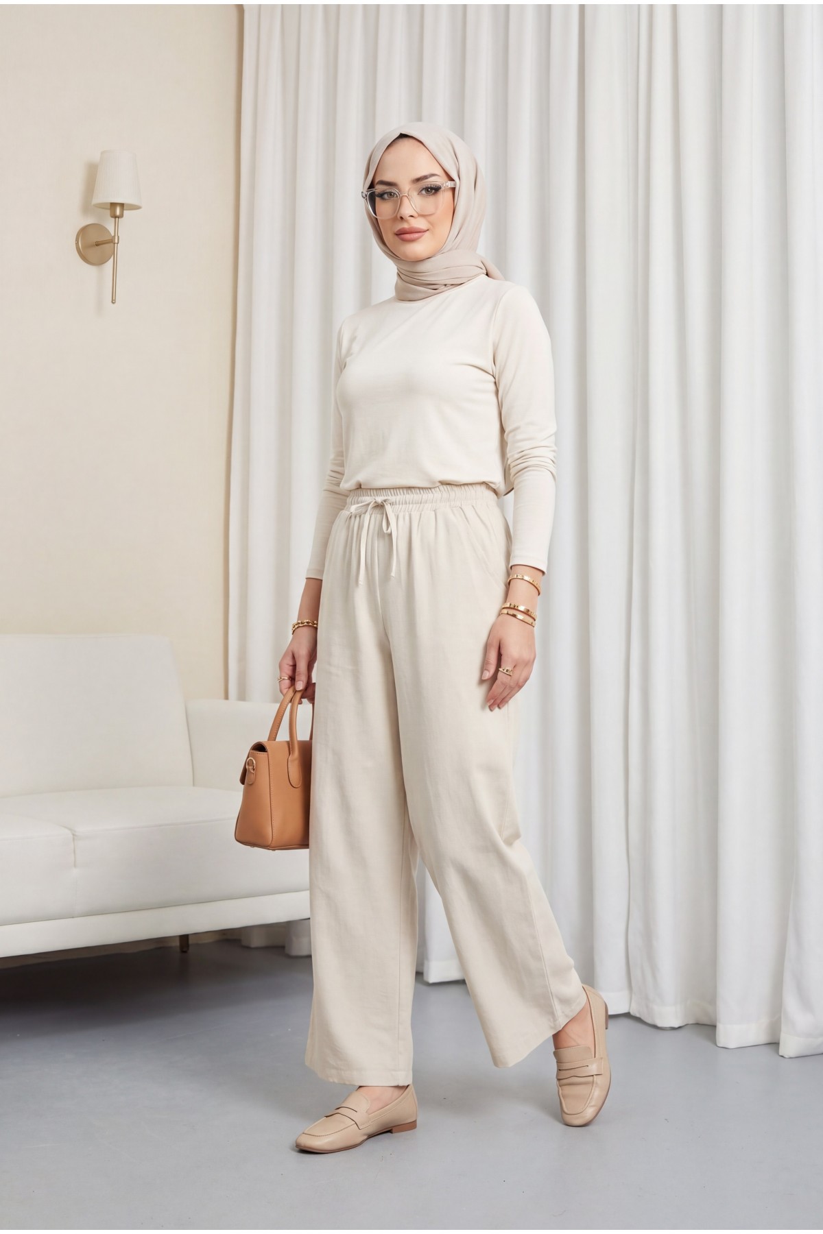 Elastic Waist Lace Detailed Wide Leg Tencel Trousers with Pockets -Stone