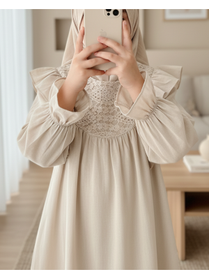 Omuz Fırfırlı Robası Dantel İşlemeli Poplin Tunik    -Taş