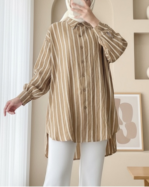 Button Down Long Back Striped Shirt -Mink color
