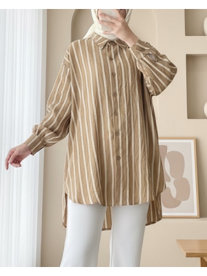 Boydan Düğmeli Arkası Uzun Çizgili Gömlek -Vizon