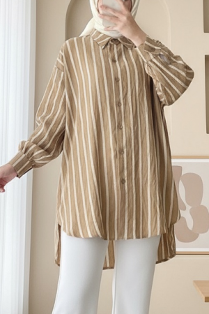 Boydan Düğmeli Arkası Uzun Çizgili Gömlek -Vizon